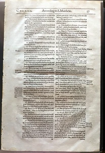 Wichtiges Blatt aus Fulkes Bibel NT 1601 - Matthäus 12 Dbl Säulenvergleich - Bild 1 von 4