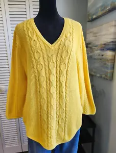Jeanne Pierre Women's Yellow Cable Knit Sweater 100% cotton Fisherman Large - Picture 1 of 8