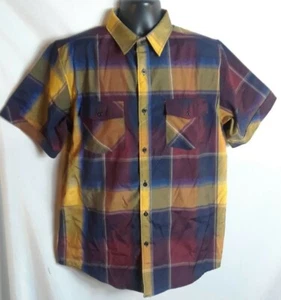 Mens Brooklyn State Plaid Button Front Shirt L Green Brown Red S-Sleeve Pockets - Picture 1 of 5