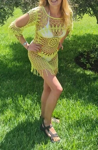 Crochet Dress, beach cover-up, neon green - Picture 1 of 5