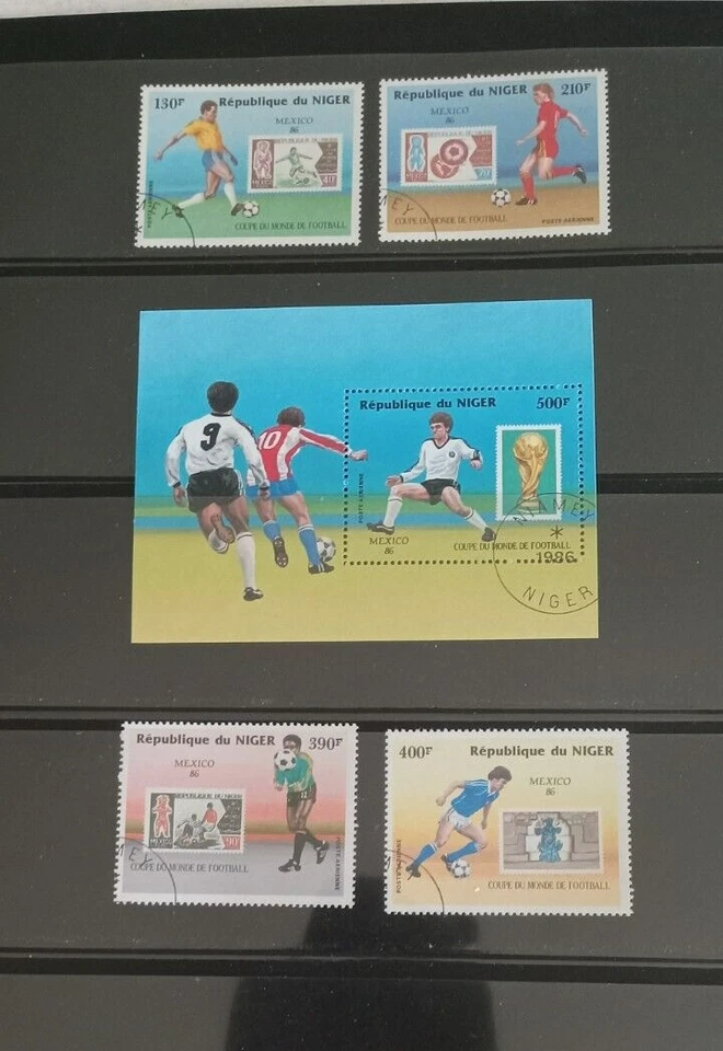 Juego de 4 estampillas de la Copa Mundial de Níger 1986 CTO NH y hoja de recuerdo Foto 1 de 1
