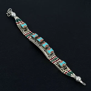 Turquoise Red Coral 925 Sterling Silver Boho Tibetan Nepali Bracelet 7" VJ 2081 - Picture 1 of 5