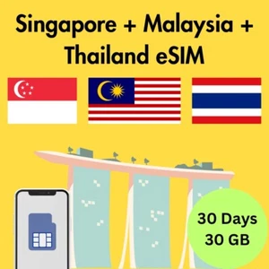 Singapore, Malaysia & Thailand Prepaid Travel eSIM Card 30GB Data 4G Lte 30 Days - Picture 1 of 2