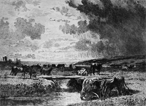 PAYS d'AUGE- LA VALLÉE de la TOUQUES (Deauville)- Gravure du 19eme (de Troyon) - Picture 1 of 2