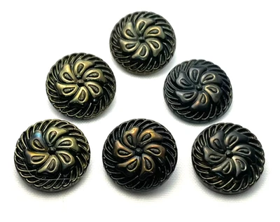 VTG Set of 6 Black Gold Czech Glass Buttons Flower Pinwheel Swirl 23 mm 7/8" - Image 1 of 4