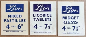 3 X Tarjetas de Exhibición de Tienda LION PASTILLAS MIXTAS GEMAS ENANAS Cleckheaton, Yorks - Imagen 1 de 2