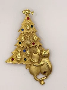 Broche JJ Jonette 3” Romántico Gatos Peces Topper Árbol de Navidad Tono Dorado Vacaciones - Imagen 1 de 4