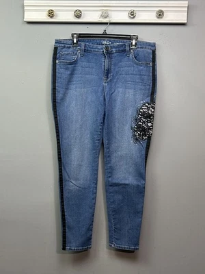 Pantalones de mezclilla Style & Co para mujer 14 azules ultra ajustados florales parche de encaje rayas laterales al tobillo Foto 1 de 4