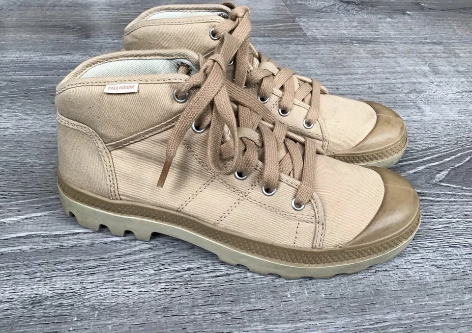 Botas Paladio Mujer Talla 8.5 Marrón Tostado Con Cordones Parte Superior Alta Lona Zapatos Bota Foto 1 de 4