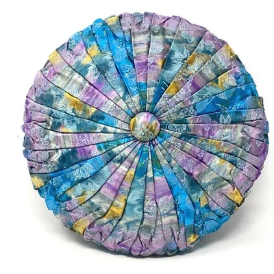 Vtg 60s Satin Accent Pillow Boho Tuffeted Multicolor Floral 2.5" MCM Handmade - Image 1 of 4