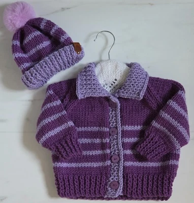 Cardigan bambino lavorato a mano e cappello abbinato colore viola età 9-12 mesi - Immagine 1 di 4