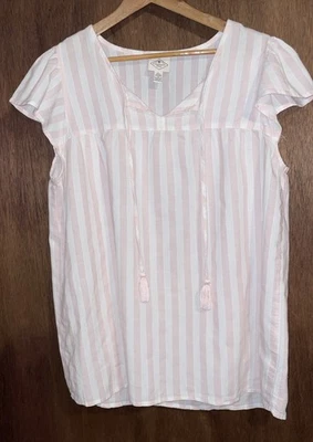 ST. JOHNS BAY BLOUSE SZ L THIN FLOWING COTTON PINK & WHITE STRIPES CAP SLEEVES - Image 1 of 4