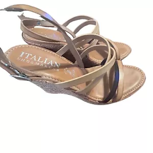 Italian Shoemaker Wedge Sandals Womens 9 Espadrilles Beige Black Buckle Shoes - Picture 1 of 8