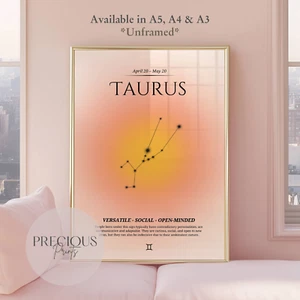 Taurus Zodiac Print / Preppy Trendy Wall Art Poster / A5 A4 A3 Unframed Pink - Picture 1 of 4