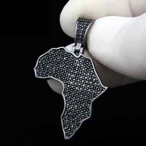 1.50Ct Round Cut Simulated Black Spinel AFRICA MAP Pendant 14K White Gold Plated
