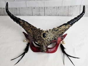 Halloween Red Devil Horns Womens Masquerade Lace Eye Mask - Picture 1 of 8