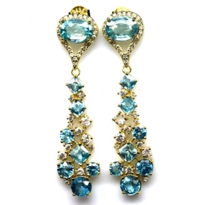 Gemstone Sea Foam Blue - White Zircon Earrings 925 Silver 18K Gold - Picture 1 of 4