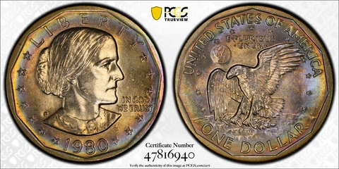 1980 S TONED SBA $1 SUSAN B ANTHONY DOLLAR PCGS MS64 W/ Gold Shield & TrueView Cover