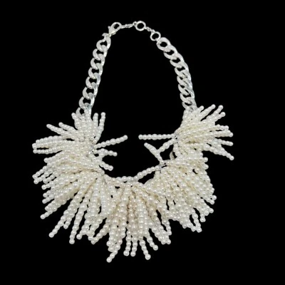Banana Republic Statement Faux Pearl Beaded Fringe Necklace Silver Chain - Image 1 of 4