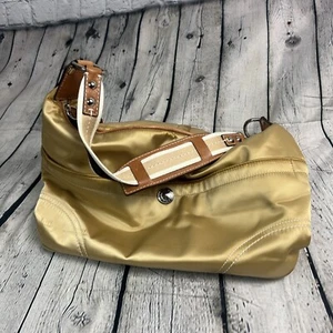YELLOW COACH HAMPTON SHOULDER HOBO BAG BROWN LEATHER TRIM SILVER ZIPPED F11669 - Picture 1 of 21