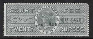 Indien. 1872. 20r Gerichtsgebühreneinnahmen. SPECIMEN o/p. Mtd neuwertig. - Bild 1 von 2