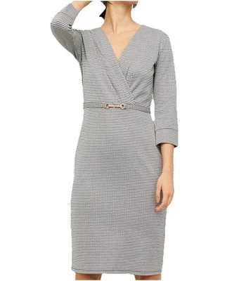 H&M Black Beige Houndstooth  Midi Pencil Dress Size L Belted Office Chic Jersey - image 1 of 4