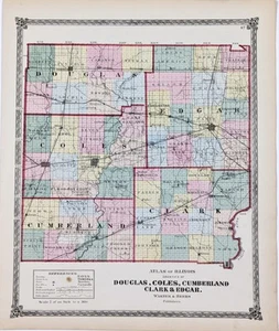 1875 ILLINOIS County Map CUMBERLAND COLES CLARK DOUGLAS COLES (16X13) ORIGINAL - Picture 1 of 5