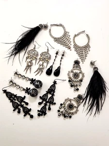 7 Pr Pierced Dangle Earrings Rhinestone Black Fearthers Gothic Vampire Steampunk - Picture 1 of 16