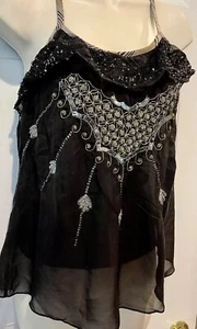 Free People Sheer Tank Tunic Beaded Size 4 Black - Picture 1 of 6