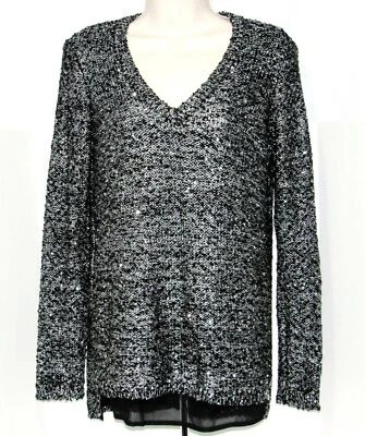 NUEVO con etiqueta $50 APT 9 MEDIANO LENTEJUELAS Negro Blanco Forrado SUÉTER Alto Bajo Cuello en V Foto 1 de 4
