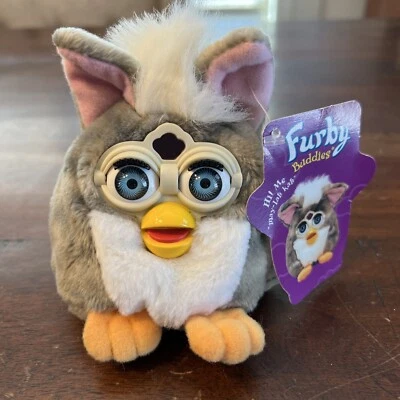复古 1999 年 Furby Buddies 拥抱我毛绒带标签! 老虎灰色条纹毛绒很好!! — 第 1/4 张图片