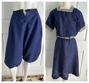 Antik Vintage Edwardian Blau Leinen Badeanzug Badeanzug Pantalone Set - Bild 1 von 18