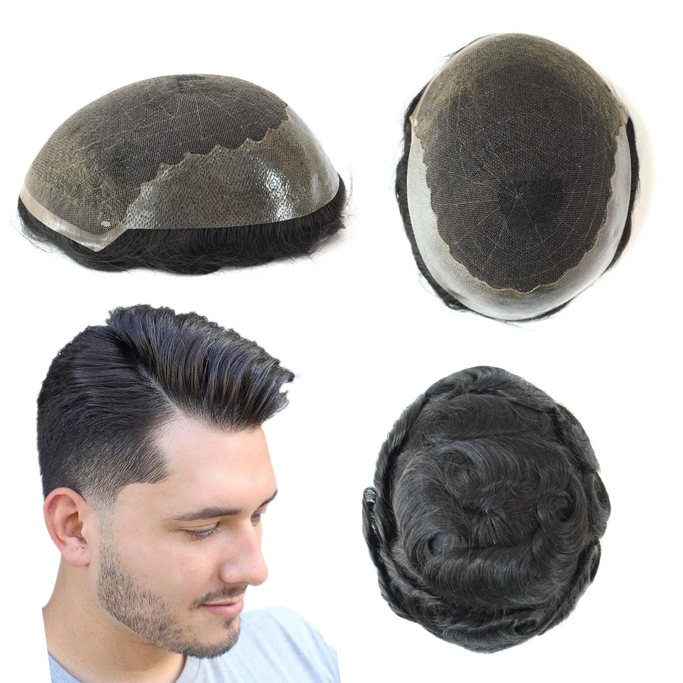 Human Hair Replacement Toupee French Lace with Skin System Men's Hairpieces #1B