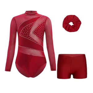 Kids Girls Unitard Practice Leotard With Shorts Exercise Rompers And Hair Tie - Picture 1 of 16