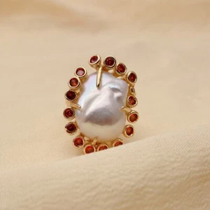 Cultured White Baroque Pearl Orange Cz Ringer Ring Adjustable - Picture 1 of 6