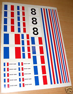 SCREENPRINT RC FRANZÖSISCHE Flagge "FAHRERNAME" und RENNNUMMER Aufkleber Decals im Maßstab 10