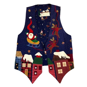 Vintage Handarbeit Weihnachtsweste Weihnachtsmann Rentier Gr. M Knöpfe Patchwork Urlaub - Bild 1 von 11