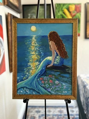 Mermaid Painting, Hand Painted 11 X 14”  Framed, Not A Print - Image 1 of 4