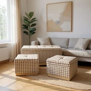 Extra Large Beige Checked Linen Storage Stool Set 3 with Lift-Up Lids, Foam Fill - Picture 1 of 6