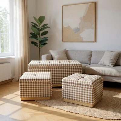 Extra Large Beige Checked Linen Storage Stool Set 3 with Lift-Up Lids, Foam Fill - Image 1 of 4