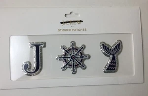 Nuevos parches adhesivos J Crew JOY 3 palo sobre tema náutico azul/plateado brillo nuevo con etiquetas - Imagen 1 de 3