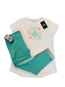 NWT UNDER ARMOUR GIRL'S 2 pc SET WHITE SHORT SLEEVE YOGA LEGGINGS GREEN GRAY XL - Picture 1 of 4