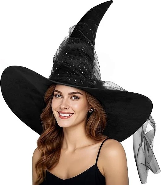 Chapéu de bruxa feminino preto mascarado franzido tamanho grande bruxas chapéus de veludo largos... - Imagem 1 de 4
