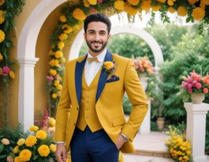 Men's Wedding Suit 3 Piece Designer Yellow Tuxedo Suit Blue Accents Groom Attire - Picture 1 of 6