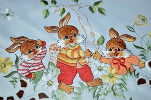 EASTER BUNNY TRIO UNDER SPRING TREE! GERMAN TABLECLOTH WITH FANCY CUTWORK - Picture 1 of 12