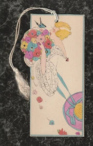 Tarjeta de conteo de puente Art Deco vintage mujer rubia ramo 1920 cordón borla 4,5x2,25 - Imagen 1 de 2