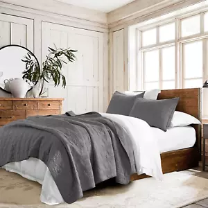 100% Cotton Quilt Set Twin Size, Dark Grey Pre-Washed 2-Piece Bedspread Coverlet - Picture 1 of 7