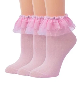 Ruffle Socks for Women Fashion Fancy Lovely Girl Lace Socks 3 Pairs Pink - Picture 1 of 4