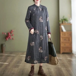 Women Ethnic Dress Qipao Floral Split Long Sleeve Thermal Loose Cotton Retro New - Picture 1 of 12