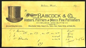 Helena Butte Montana Babcock & Co. Hatters Furriers c1892 Billhead w/ Top Hat - Picture 1 of 2